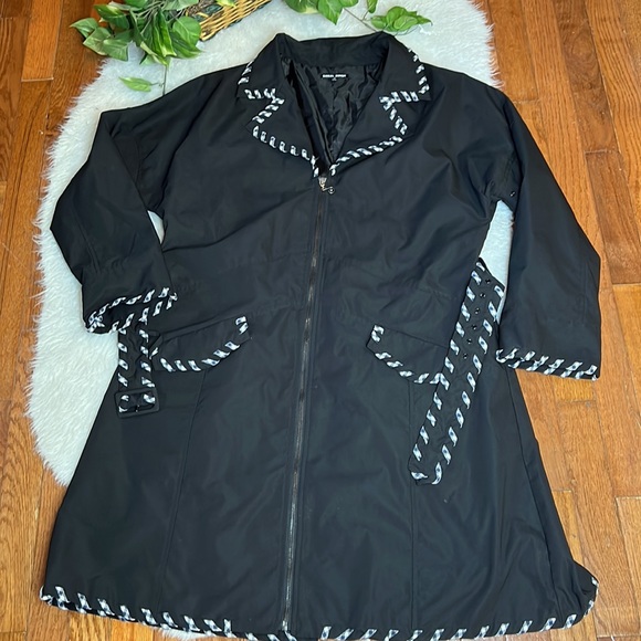 SAMUEL DONG Black Trench Coat with Plaid Trim - Picture 12 of 15